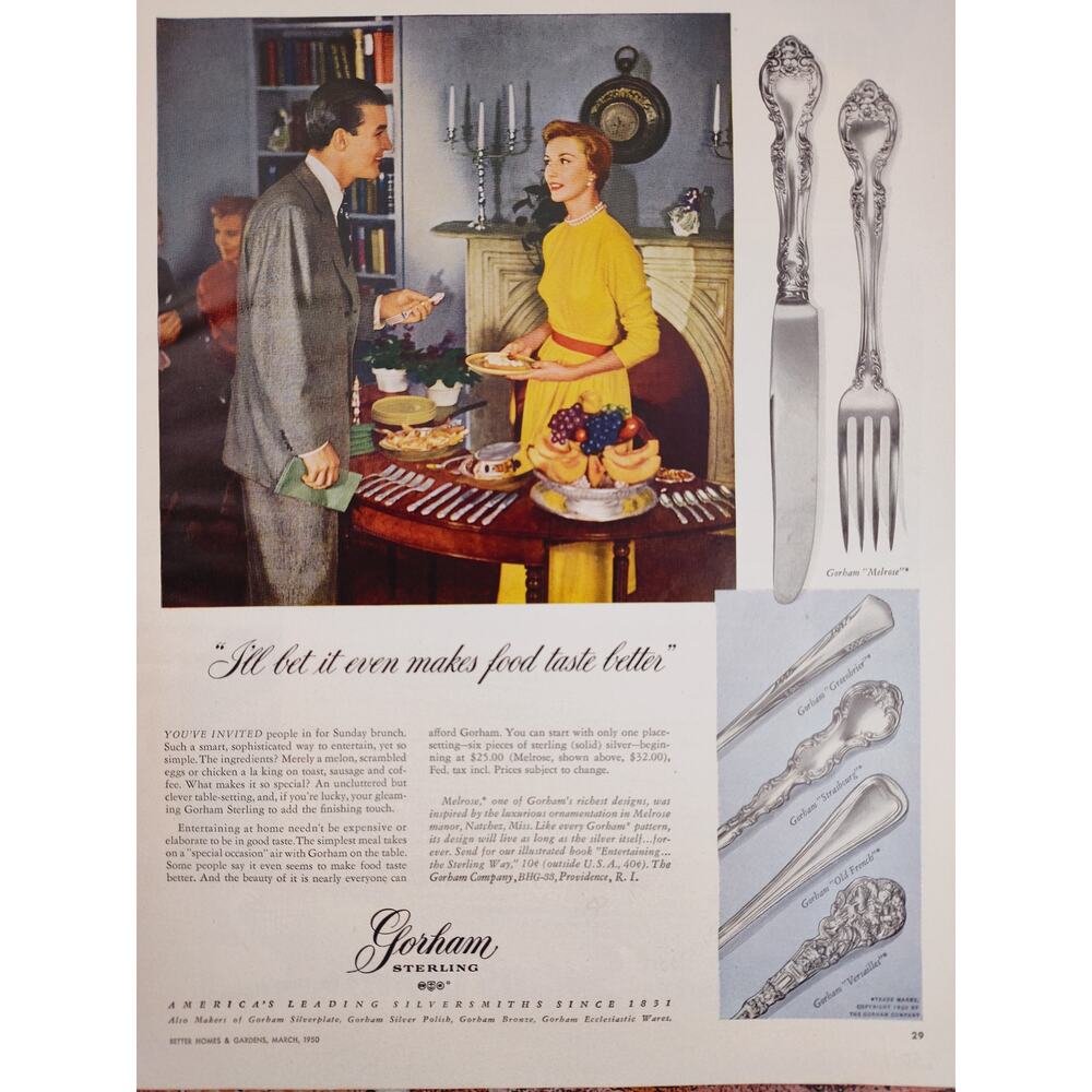 1950 Gorham Sterling "I'll Bet It Even Makes Food Taste Better" Vtg Print Ad